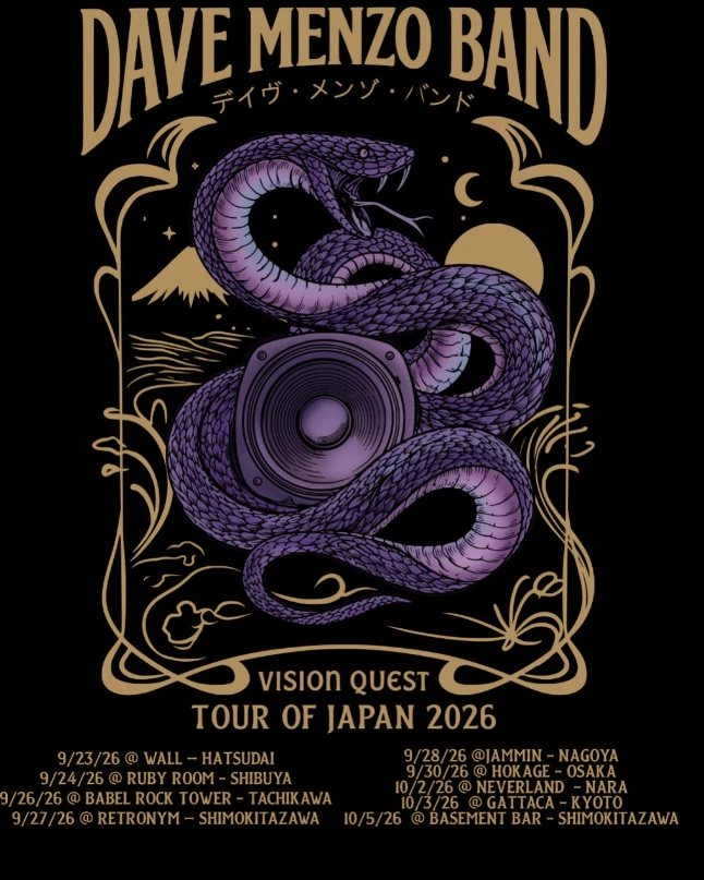 The Vision Quest Tour of Japan 2026 poster: a purple serpent coiled around a speaker, with all nine dates